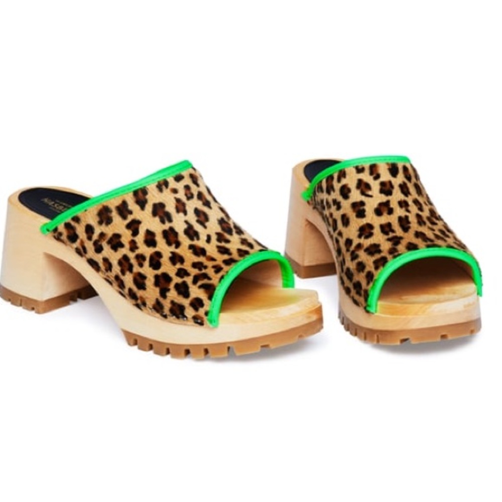 Swedish hasbeens leopard with neon trim clogs